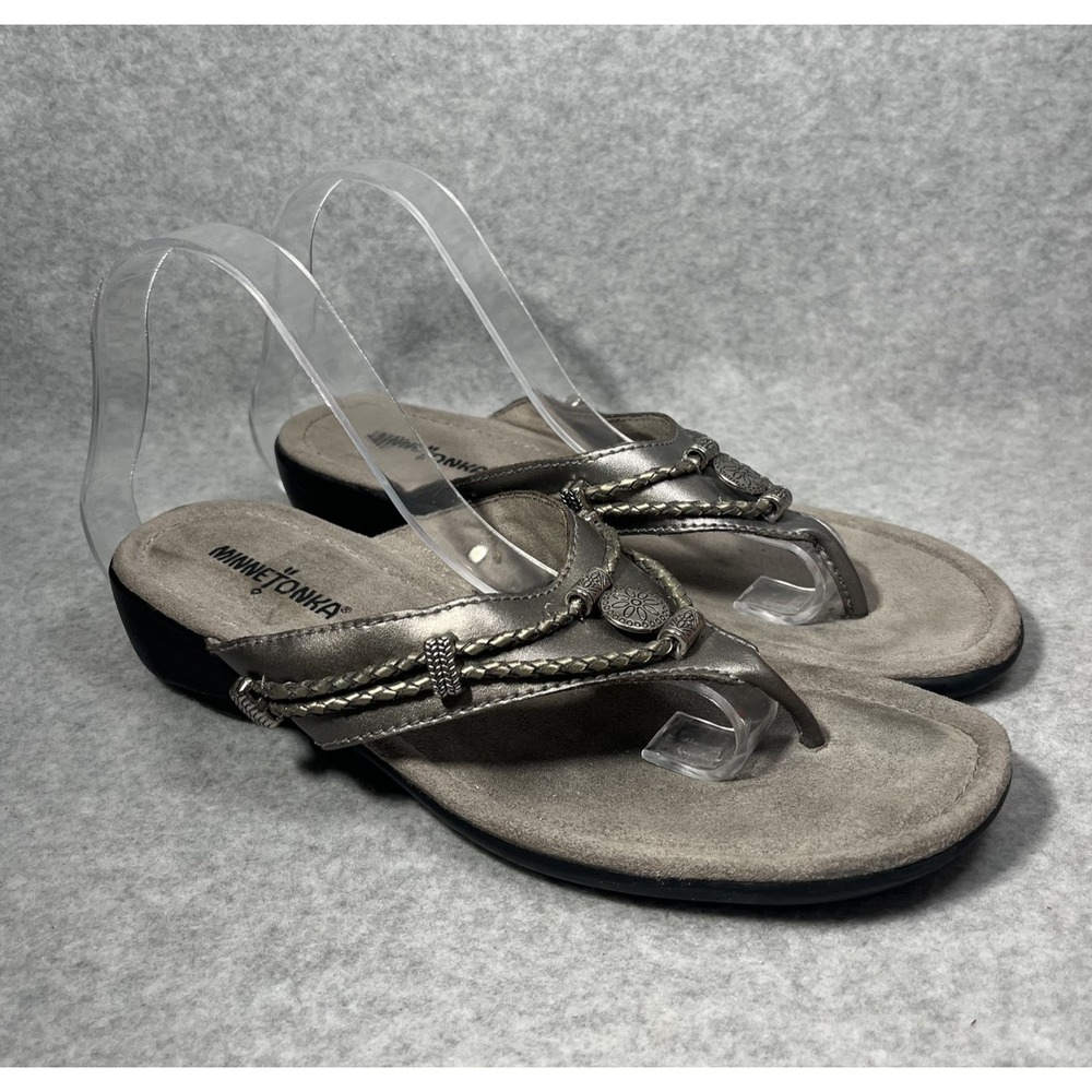 Minnetonka Sandals Womens‎ Size 8 Pewter Metallic Braided Slip On Comfort Thong